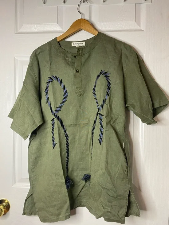 Yves Saint Laurent Olive Green Short-Sleeve Embroidered Shirt with Navy Detail - Picture 1 of 7